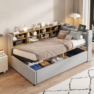 DESMIU Gestoffeerd Bed 90x200 cm – Slaapbank Met Nachtlamp, USB En USB-C – Hydraulische Opbergruimte En Zijvakken – Zonder Matras – Fluweel – Lichtgrijs