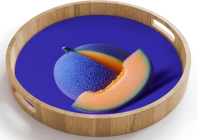 Dienblad rond 40x40 cm - Schootdienblad hout - Meloen - Blauw - Oranje - Kunstzinnig - Borrelplank rechthoek - Plateau houten dienbladen