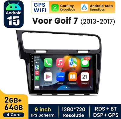 HexinexMarket Autoradio Geschikt voor VW Golf 7 Ⅶ (2013-2017) - Draadloos CarPlay, Android Auto, GPS Navi, multimediaspeler - 2GB+64GB