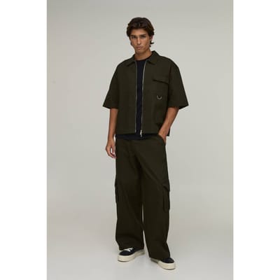 Oversized Overshirt Met Korte Mouwen & Wijde Cargo Broek Set | Khaki | Size Medium