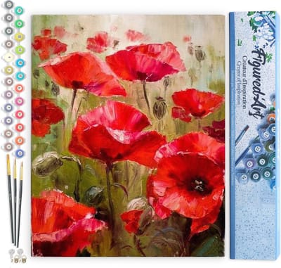 Figured'Art Schilderen op Nummer Volwassenen canvas Veld met klaprozen - Handwerk acrylverf Kit DIY Compleet - 40x50cm zonder frame