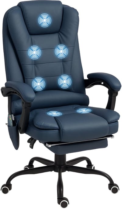 Massagestoel Voor Op Het Bureau, 7 Vibratiepunten, Verstelbare Voetensteun En Rugleuning, Tot 120 kg, Lederlook, Blauw