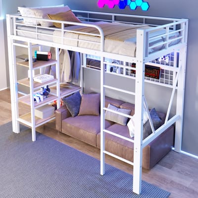 DESMIU Hoogslaper 90x200cm - Met Verstelbare Ledverlichting - Opbergrek, Hangnet En Kledingstang - Voor Jeugd- En Slaapkamer - Metaal En MDF - Wit - Zonder Matras