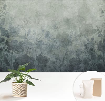 Wallfluent Behang - Plantaardige elegantie Muurbehang - 152x104 cm - Grijs Behang - Voor liefhebbers van kunst en natuur - Behang Voor de slaapkamer, woonkamer en kantoor - Wanddecoratie Bloemen en planten