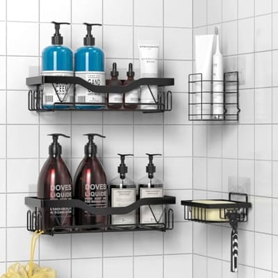 PromoHome Badkamer Opbergset 4-delig - Zwarte Lijmbevestiging Doucheplanken - Sterk Draagvermogen