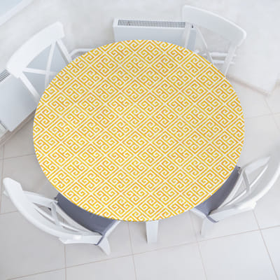 ABAKUHAUS Griekse sleutel elastisch ronde tafelkleed, geel en wit doolhof, allround elastisch tafelkleed, 100 cm - 110 cm, geel-wit