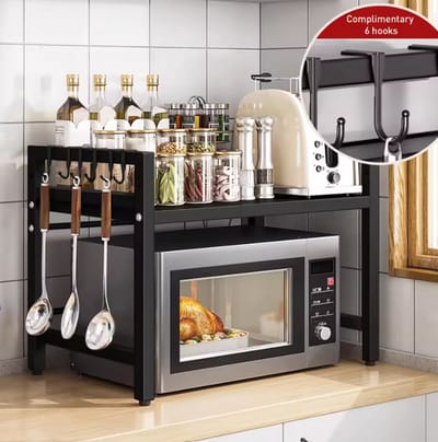Verstelbaar Magnetron Rek - Uitschuifbaar Keukenrek - Ovenrek met 6 Haken - Kruidenrek & Organizer - Zwart Metaal - 40-60 cm