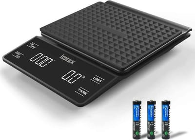 IMTEX  Elektronische Koffie Schaal - Precisie Keuken Rosteren Schaal 0.1g - Tijd Display LED Display 3000g Schaal - met 3 x AAA Batterij - Zwart