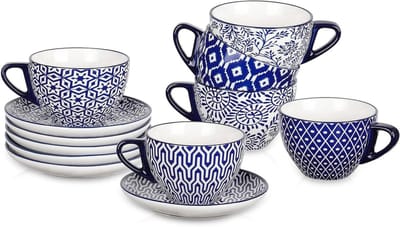 Espressokopjes met Schotels - Koffiekopjes Theekopjes - Genieten van Koffie - Dikke Keramische Body - 8 oz - Vintage Blauw