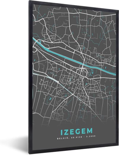 Fotolijst incl. Poster - België – Izegem – Stadskaart – Kaart – Blauw – Plattegrond - 40x60 cm - Posterlijst