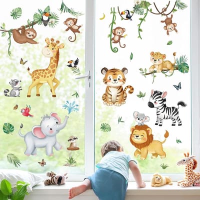 PromoHome Zomersafari Dubbelzijdige Jungle Dieren Raamstickers - Olifant, Aap, Leeuw, Giraffe - Anti-Botsing Glazen Stickers, 8 Vellen