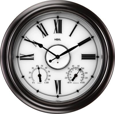 Grote Wandklok 45 cm – Binnen/Buiten – Industrieel – Stil & Verlicht – Waterdicht – Met Thermometer & Hygrometer – Zwart/Dark Brons