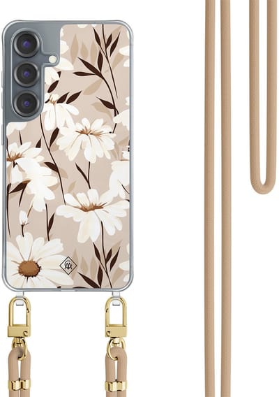 Casimoda® hoesje met koord - Geschikt voor Samsung S25 - In Bloom - Afneembaar koord - TPU/polycarbonaat - Bruin/beige