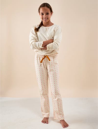 Little Label - kate meisjes pyjama-set - wit bloemetjes verticaal - 6Y/110-116 - extra zachte bio-katoen
