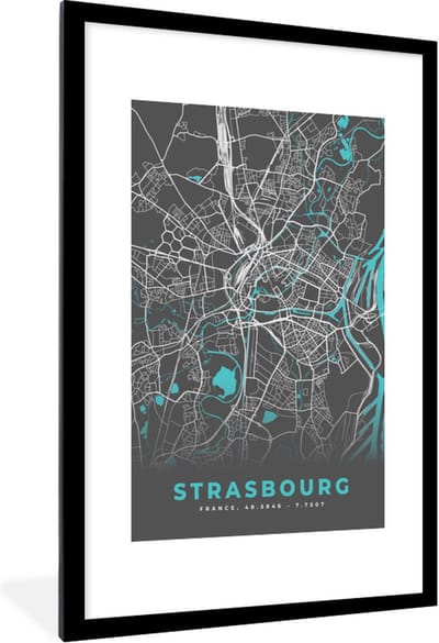 Fotolijst incl. Poster - Strasbourg - Frankrijk - Plattegrond - Kaart - Stadskaart - 80x120 cm - Posterlijst