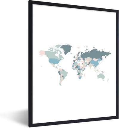 Poster in lijst - Fotolijst 60x80 cm - Posters - Wereldkaart - Blauw - Roze - Posterlijst zwart - Decoratie - Wanddecoratie woonkamer - Muurdecoratie slaapkamer