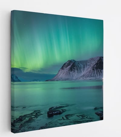 Saammp Canvas Schilderij - Noorderlicht - Bergen - Landschap - Natuur - 20x20 - Foto op canvas - Wanddecoratie - Muurdecoratie Woonkamer - Slaapkamer decoratie - Canvas Print