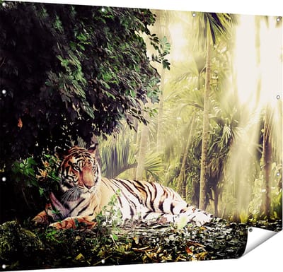 Gards Tuinposter Tijger in de Jungle met Zonneschijn - 150x120 cm - Tuindoek - Tuindecoratie - Wanddecoratie buiten - Tuinschilderij