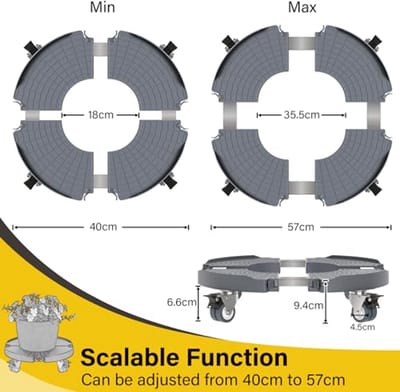 Plantenroller Ø 40-57 cm - Rolplank met 200 kg Draagkracht - Onderzetter voor Bloempotten met Zwenkwielen - 2 Stuks, Grijs