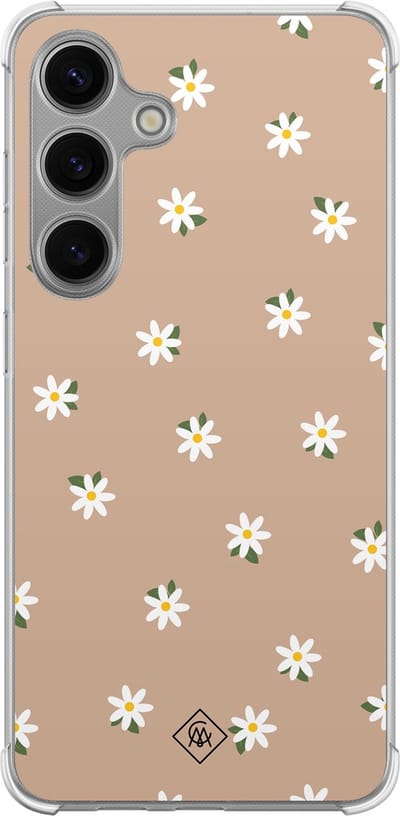 Casimoda® hoesje - Geschikt voor Samsung Galaxy S24 - Sweet Daisies - Shockproof case - Extra sterk - TPU/polycarbonaat - Bruin/beige, Transparant