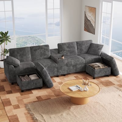 MODFU U-Vormige Bank - Met Opberghockers En Laadpunten - Modern - Voor Woonkamer - Ribstof - Grijs - 315 x 135 x 81 cm