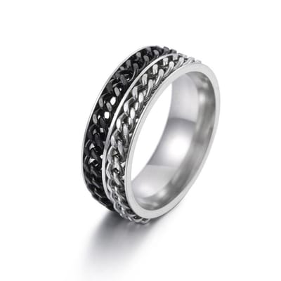 Anxiety Ring - (Dubbele Ketting) - Stress Ring - Fidget Ring - Anxiety Ring For Finger - Draaibare Ring - Spinning Ring - Zwart-Zilver kleurig RVS - (17.50mm / maat 55)