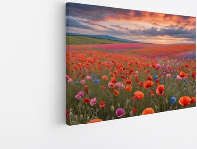 Saammp Canvas Schilderij - Landschap - Blauw - Rood - Bloemenveld - Natuur - 45x30 - Foto op canvas - Wanddecoratie - Muurdecoratie Woonkamer - Slaapkamer decoratie - Canvas Print