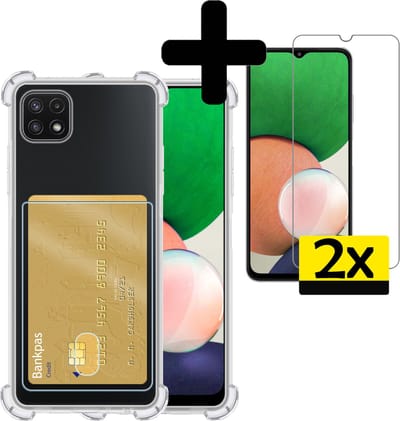 Hoesje - Geschikt voor Samsung Galaxy A22 5G - Met 2x Screenprotector - Pashouder - Kaarthouder - Telefoon Hoes Shockproof - Siliconen Case - Back Cover - Shock Proof - Pasjes Houder - Telefoonhoesjes - Transparant