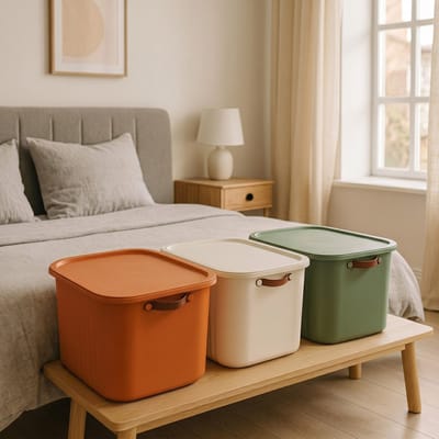 INDECOR-Opbergbox 20 Liter Set van 3 met Deksel – BPA-vrije Stapelbare Opbergdozen met Handgrepen – Opbergmanden voor Kleding, Speelgoed en Accessoires – Terracotta, Wit en Groen