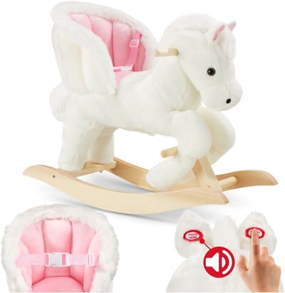 tectake® Hobbelpaard - Schommelpaard met Geluid - Hobbeldier met Pluche Bekleding - Met Rugleuning en Veiligheidsriem - Vanaf 18 Maanden - 56 cm Hoog - Wit Roze