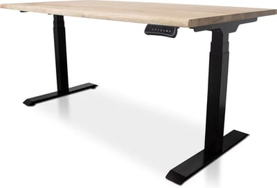 Zit-sta bureau met massief eiken boomstam blad 120 x 80 cm - MRC PRO NEN-EN 527 - elektrisch verstelbaar - frame zwart - 130 cm hoog - 150KG draagvermogen