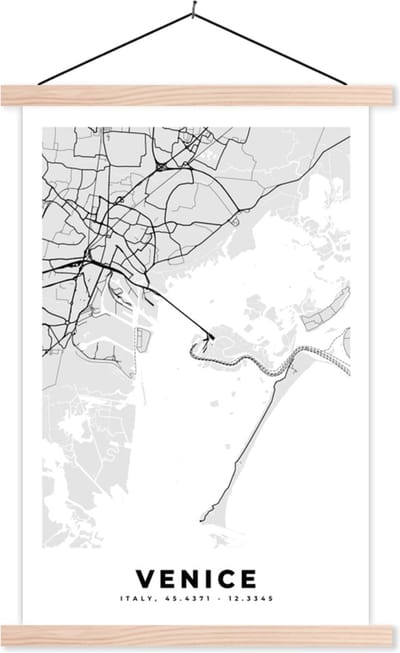 Posterhanger incl. Poster 40x60 cm - Schoolplaat - Kaart - Venetië - Zwart Wit - Stadskaart - Plattegrond - Textielposter - Blanke latten - Stadskaart