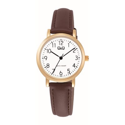 Q&Q C35A-010PY - Horloge - Vrouwen - Dames - Leren band - Rond - Metaal - Cijfers - Bruin - Goudkleurig - Wit