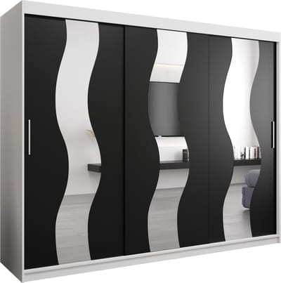 InspireMe - Kledingkast met 3 schuifdeuren, Modern-stijl, Een kledingkast met planken en een spiegel (BxHxD): 250x200x62 - REESE 250 Wit Mat + Zwart