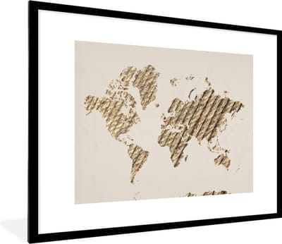 Poster in lijst - Fotolijst 80x60 cm - Posters - Wereldkaart - Touw - Beige - Posterlijst zwart - Decoratie - Wanddecoratie woonkamer - Muurdecoratie slaapkamer