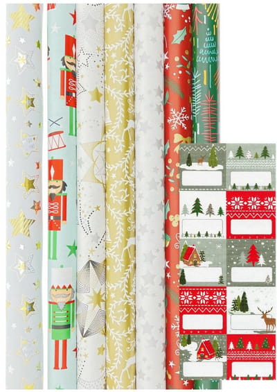 Kerstmis cadeaupapier - Kerstpapier inpakpapier voor Kerst - diversen afmetingen - 7 rollen en naametiketten