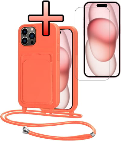 Hoes Geschikt voor iPhone 14 Pro Hoesje Pasjeshouder Cover Met Koord Case Siliconen Hoes Met Telefoonkoord en Kaarthouder Met Screenprotector - Papaya
