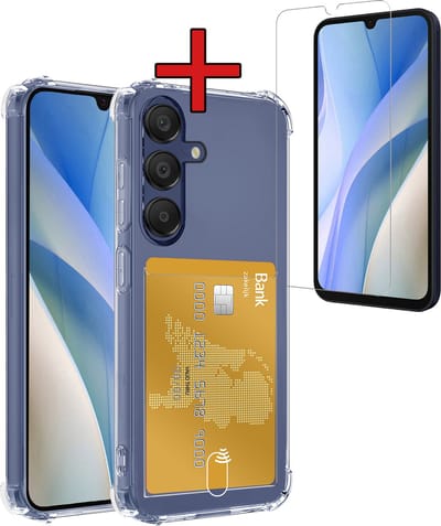 Hoesje - Geschikt voor Samsung Galaxy A15 - Met Screenprotector - Pashouder - Kaarthouder - Back Cover - Telefoon Hoes Shockproof - Siliconen Case - Shock Proof - Pasjes Houder - Telefoonhoes - Transparant