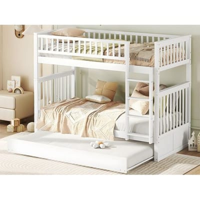 ModernLuxe Stapelbed 2x90x200cm met onderschuifbed 90x190cm - met leuning en trap - Wit
