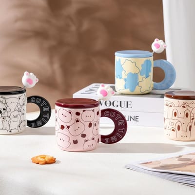 Klein Cadeau met Deksel Keramische Kop Cartoon Doodle Mok Hoge Waarde Grote Capaciteit Kop Huishouden Souvenir Cadeau Waterbeker 350ML gray