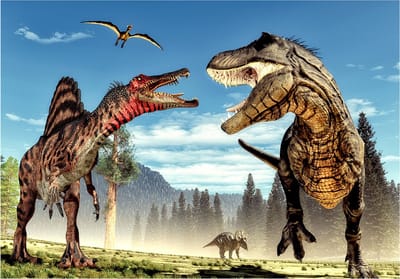 Fotobehangkoning - Behang - Vliesbehang - Fotobehang Dinosaurussen - Dino's - Dinosaurus - Dino - Fighting Dinosaurs - 150 x 105 cm