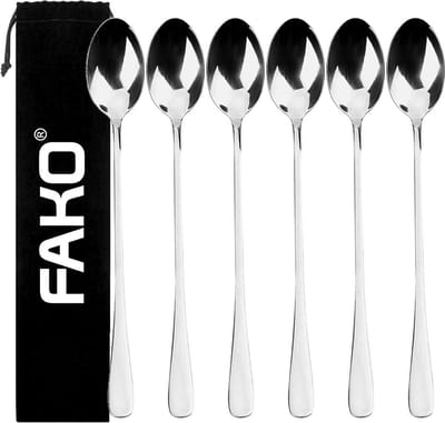 Fako Bijoux - 6 Lange Lepels - Latte Macchiato - Longdrink - Cocktail - Dessert - IJs - Koffie - Zilver - 6 Stuks - Bewaarzakje