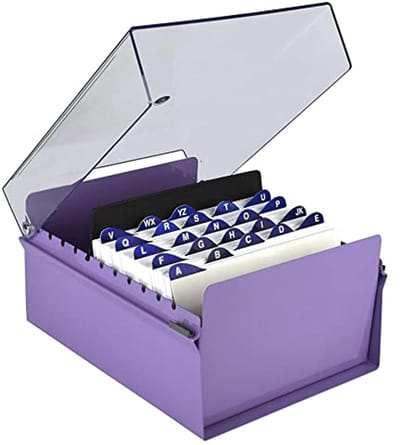 Card File Holder - Organisator voor 5x8 Indexkaarten - Metaal - Transparant Kunststof Deksel - Inclusief Verdeler