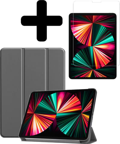 Hoes - Geschikt voor Apple iPad Pro (2021) - 12.9 inch - Met Screenprotector - Trifold Bookcase - Hard Cover - Hardcover Book Case - Tablet Hoesje - Grijs