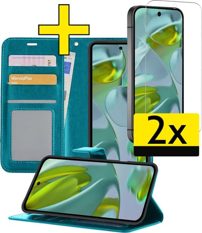 Hoesje - Met 2x Screenprotector - Geschikt voor Google Pixel 9 - Luxe Pasjeshouder - Bookcase Portemonee - Flip Case - Kunstleer Book Case - Flipcase Hoes - Book Cover - Walletcase - Portemonneehoes - Telefoonhoesjes - Turquoise