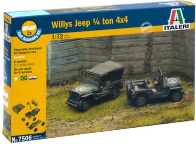 Italeri Modelbouwpakket Militaire voertuigen - 7506 Willys Jeep 1/4 Ton 4X4 (2x) - Fast Assembly Plastic - 1:72 - Modelbouw