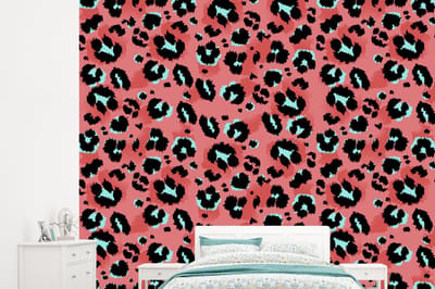 Behang - Fotobehang Panterprint - Roze - Blauw - Patroon - Breedte 245 cm x hoogte 220 cm