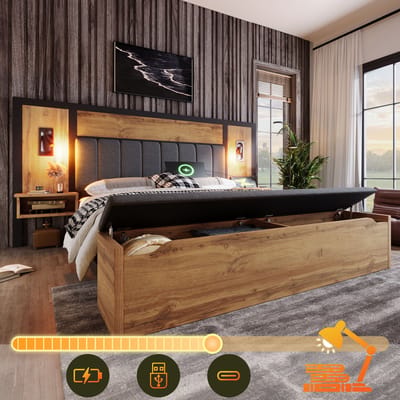 Tweepersoonsbed 160x200 cm - met nachtkastje met leeslamp en USB-C en bankje met opbergruimte - houtkleur - zonder matras