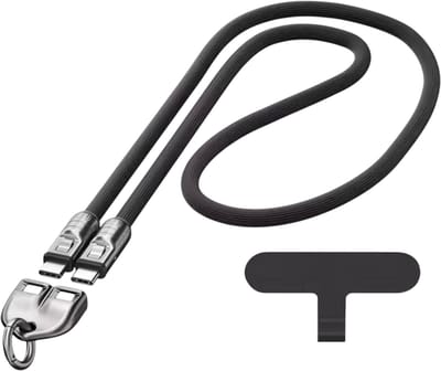 240W Telefoon Oplaadkabel met draagkoord - Zwart - Maat 1.2 M - 2-in-1 USB-C naar USB-C kabel - Supersnel opladen - Datakabel met zinklegering connector - Draagbare snellaadkabel met draagkoord