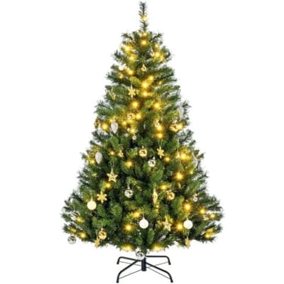 Sapin de Noël artificiel - MUVOE - Ø95x150 cm - 511 pointes réalistes - 120 LED blanc chaud - Décorations incluses vert